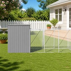 Dog House with Run Grey Galvanised Steel Outdoor Kennel Cage Enclosure Pet