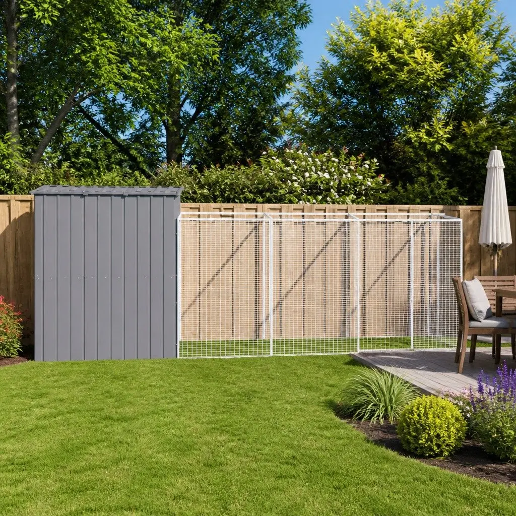 Dog House with Run Grey Galvanised Steel Outdoor Kennel Enclosure Pet Cage