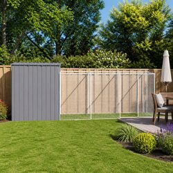 Dog House with Run Grey Galvanised Steel Outdoor Kennel Enclosure Pet Cage