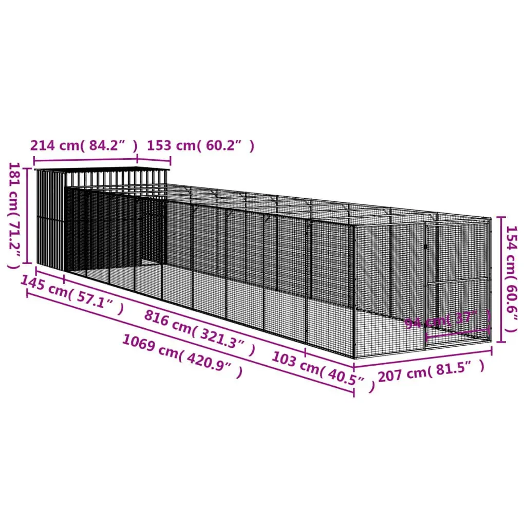 Dog House with Run Grey Galvanised Steel Outdoor Kennel Enclosure Pet Cage