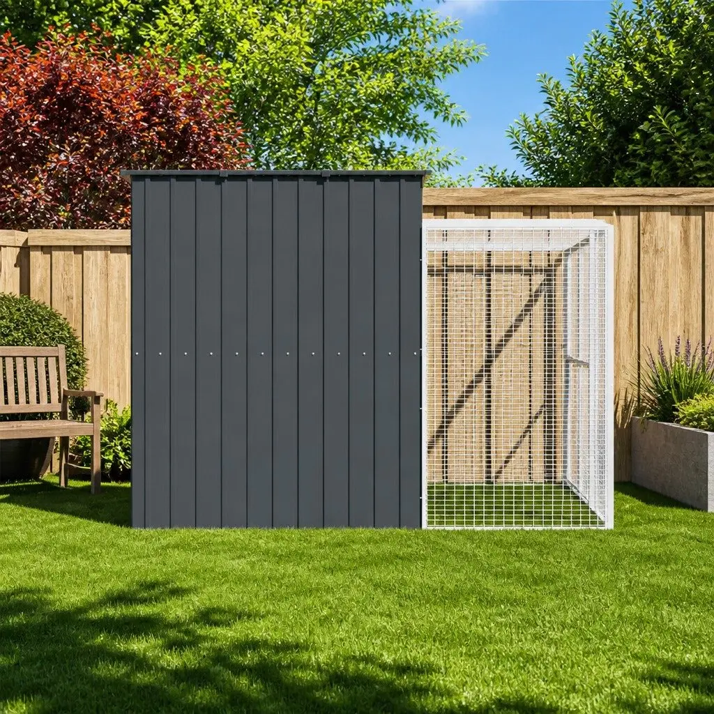 Dog Kennel Anthracite Large Galvanised Steel Outdoor House with Run