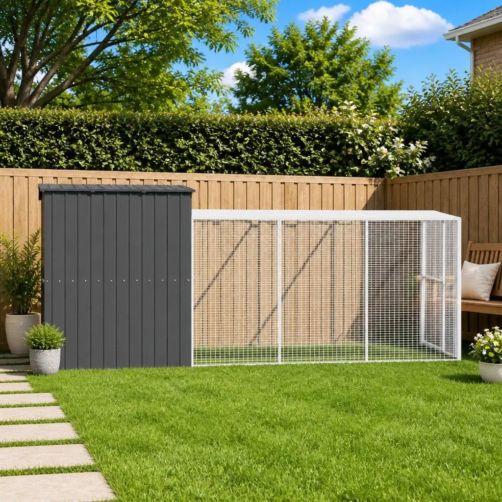 Dog House Anthracite Galvanised Steel Outdoor Kennel with Extended Run