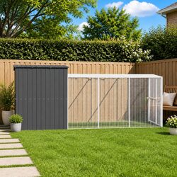 Dog House with Run Anthracite Galvanised Steel Outdoor Pet Kennel Cage Enclosure