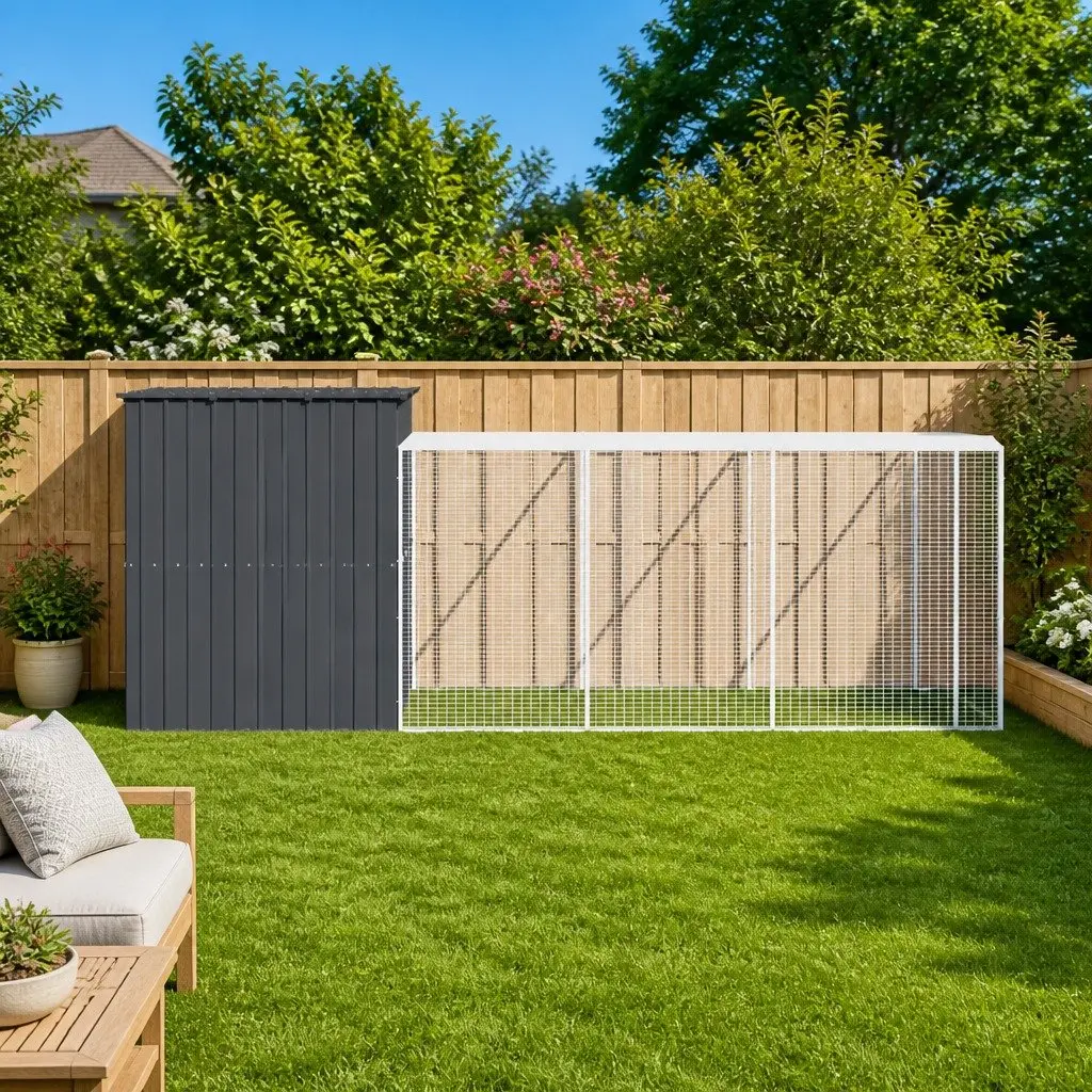 Dog House Anthracite Large Galvanised Steel Outdoor Kennel with Extended Run