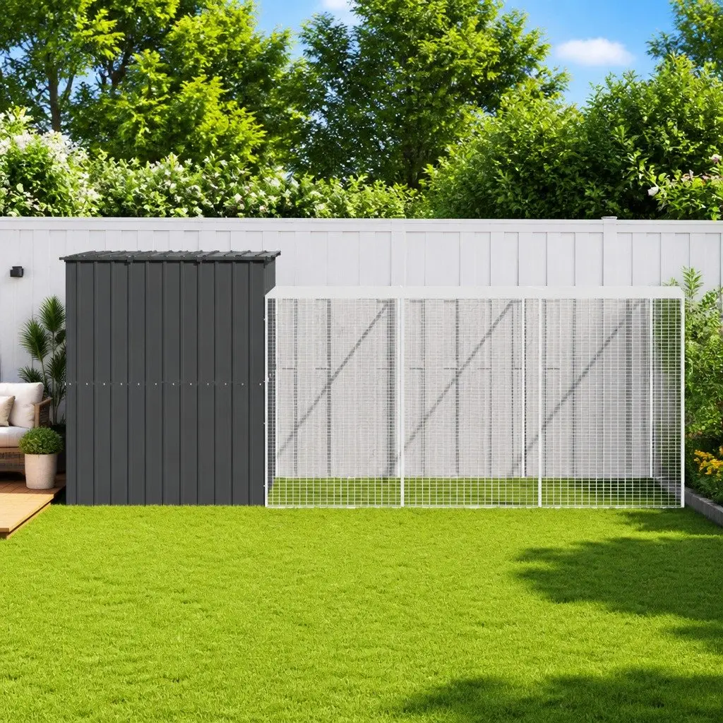 Dog Kennel Anthracite Large Galvanised Steel Outdoor House with Run