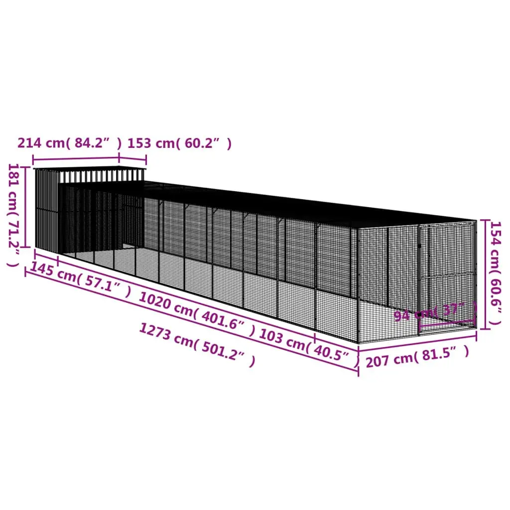 Dog Kennel Anthracite Large Galvanised Steel Outdoor House with Run