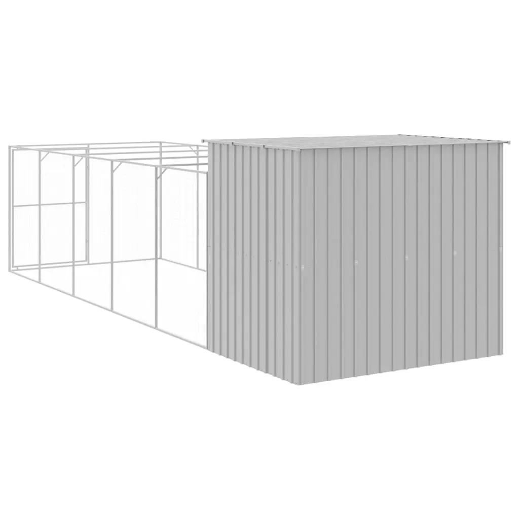 Dog House with Run Light Grey Large Galvanised Steel Outdoor Pet Enclosure