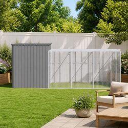 Dog House with Run Grey Galvanised Steel Outdoor Pet Kennel Enclosure Cage