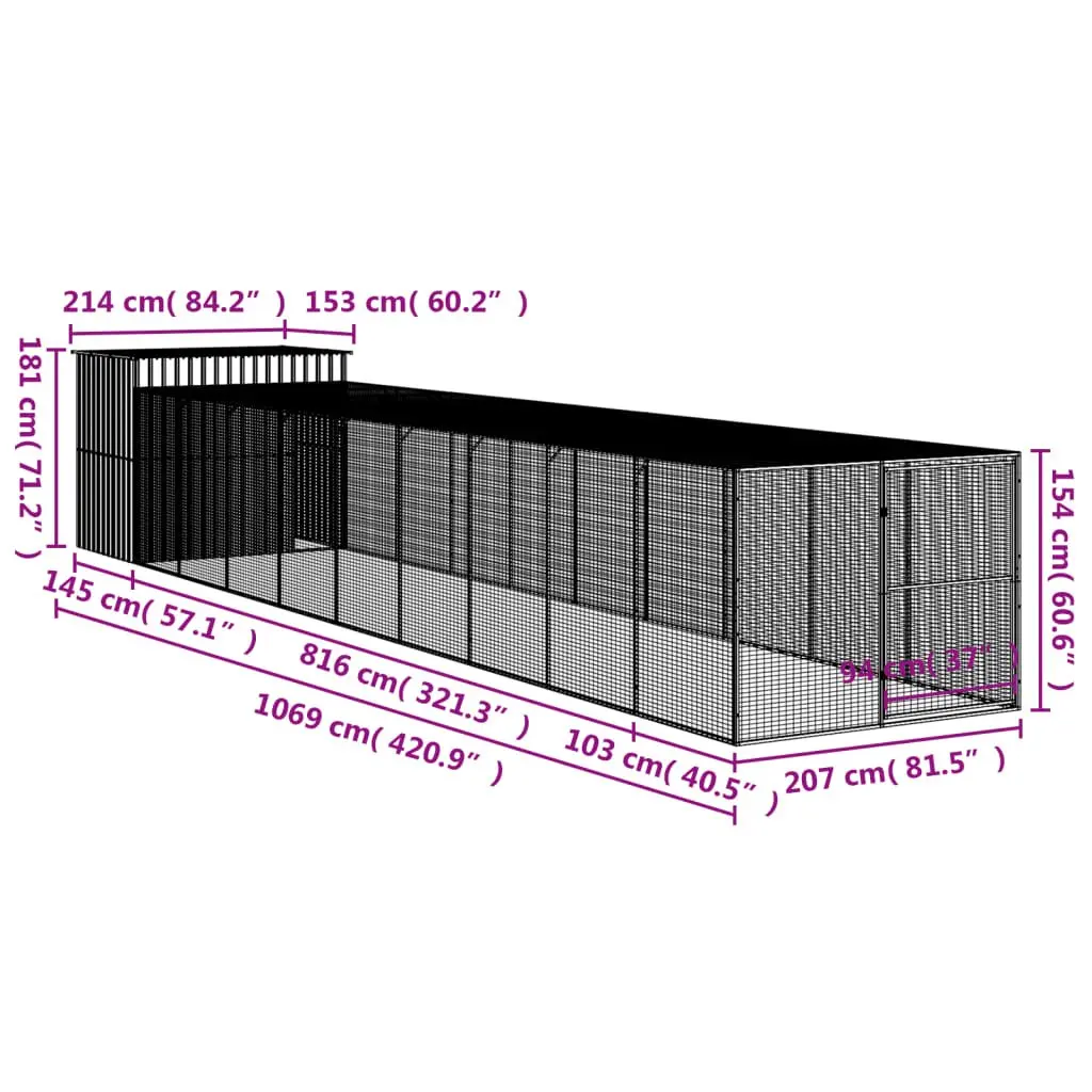 Dog Kennel Grey Galvanised Steel Outdoor House with Run