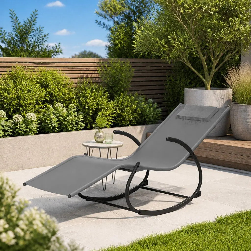 Rocking Sun Lounger Grey Steel Frame Textilene Mesh Outdoor Garden Relaxation