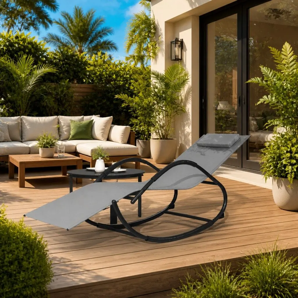 Rocking Sun Lounger Grey Steel Textilene Mesh Ergonomic Lying Surface with Removable Pillow