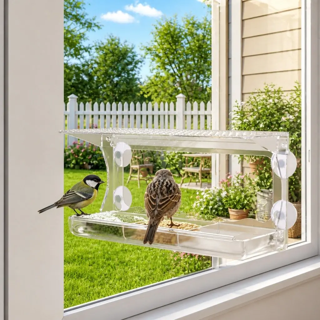 Transparent Acrylic Window Bird Feeders Outdoor Set of 2 Garden Feeding Stations