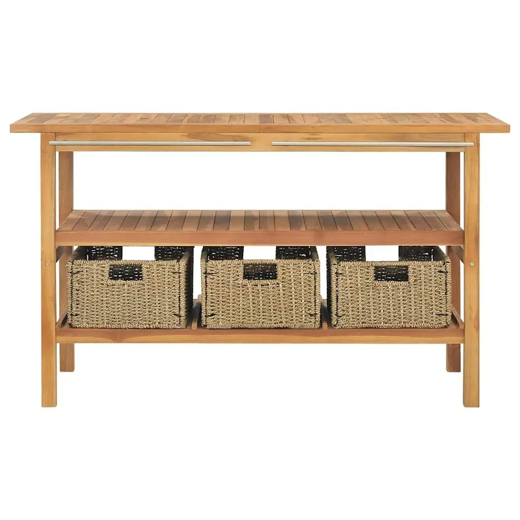 Bathroom Vanity Cabinet Solid Teak Wood with Seagrass Storage Baskets Brown