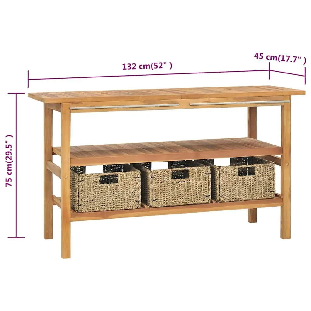 Bathroom Vanity Cabinet Solid Teak Wood with Seagrass Storage Baskets Brown
