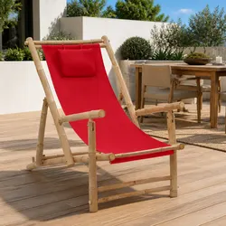 Outdoor Deck Chair Bamboo Frame Canvas Red Garden Patio Lounger Adjustable