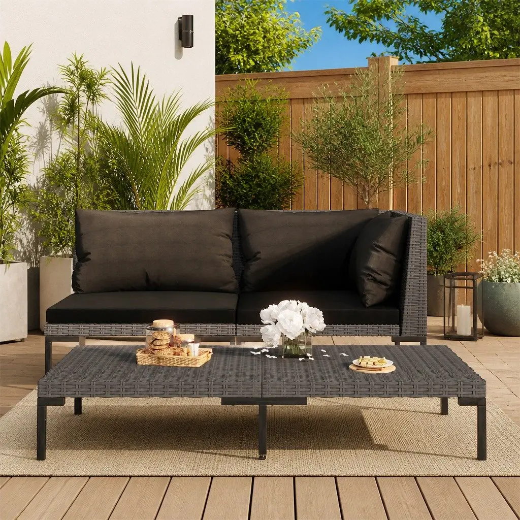Outdoor Sectional Sofa Grey Half Round Poly Rattan with Thickly Padded Removable Cushions