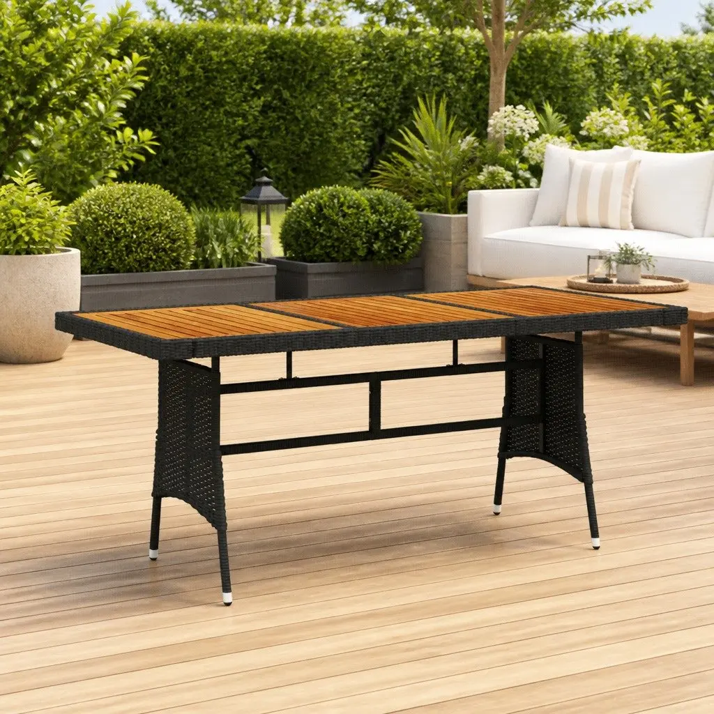 Garden Dining Table Black 160x70x72cm Solid Acacia Wood Top Powder-Coated Steel Frame PE Rattan Weather Resistant
