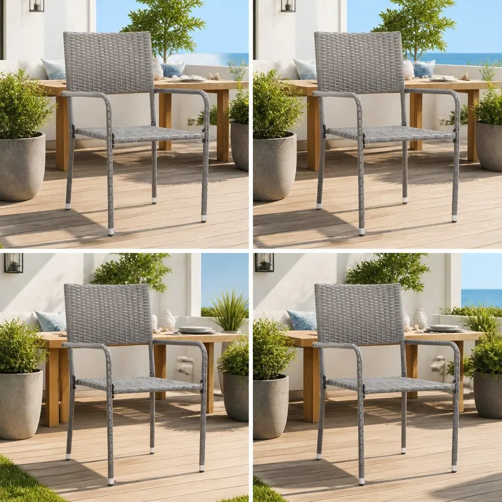 Outdoor Dining Chairs 4 pcs Stackable Garden Patio Seating Grey Poly Rattan
