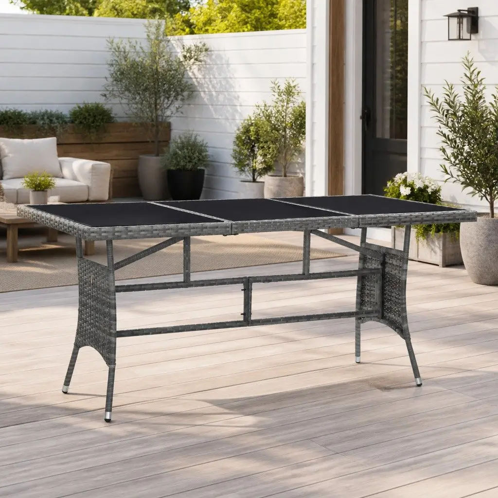 Garden Table Grey 170x80cm Glass Top Outdoor Patio Furniture Poly Rattan