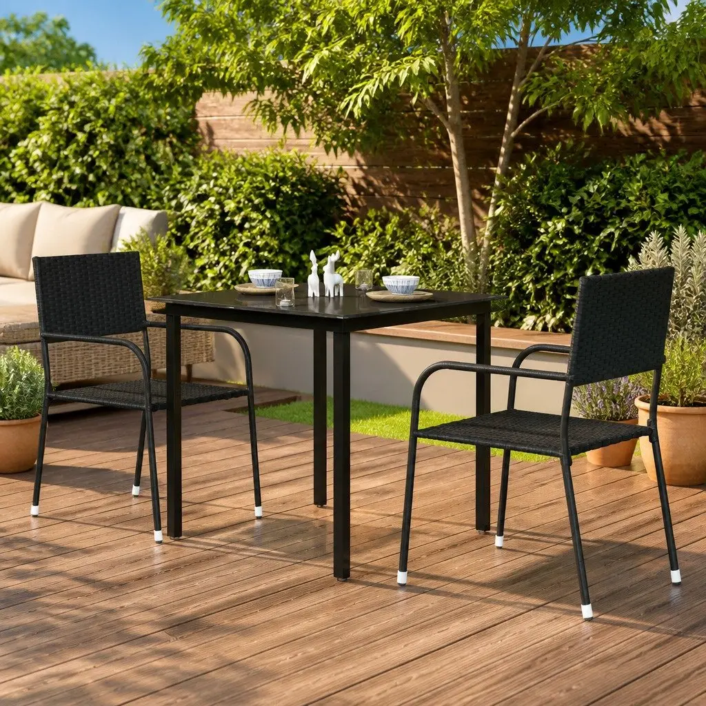 Garden Dining Table Black 80x80x74 cm Outdoor Minimalist Steel Frame Glass Top