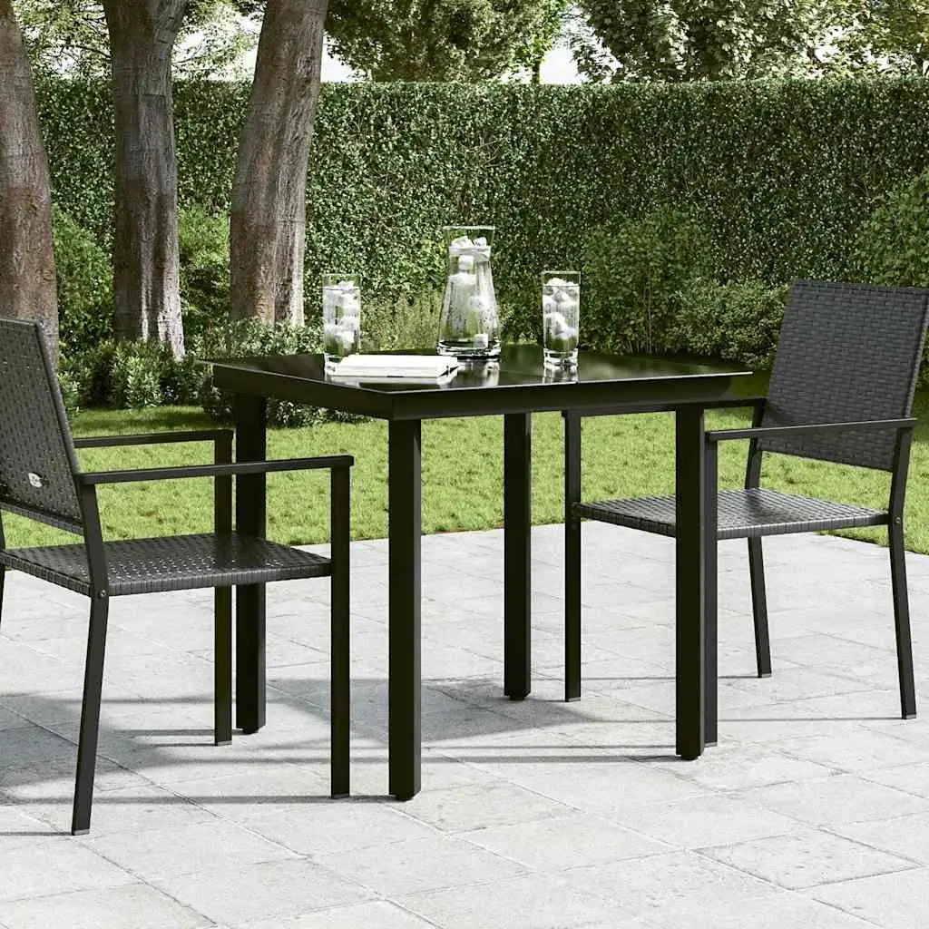 Garden Dining Table Black 80x80x74 cm Outdoor Minimalist Steel Frame Glass Top