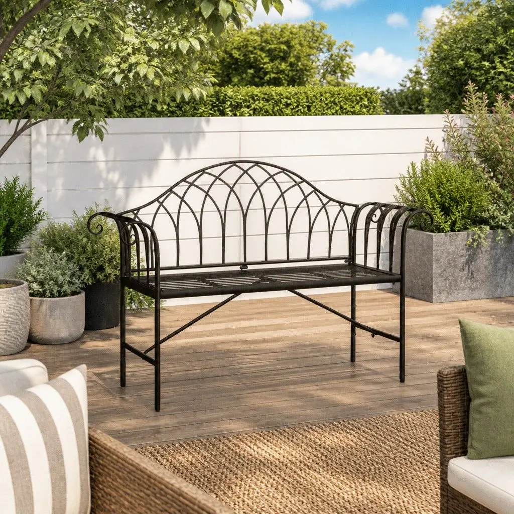 2-Seater Garden Bench Black 128cm Steel Frame Backrest and Armrests