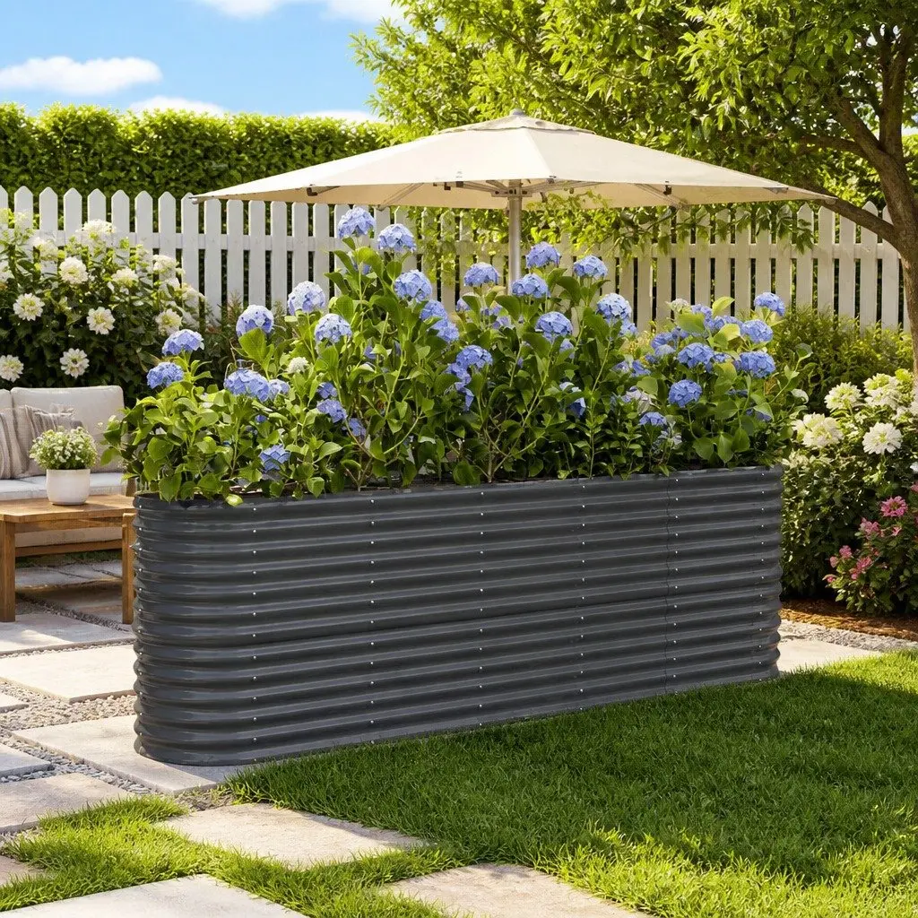 Garden Raised Bed Planter Box Grey Galvanised Steel Frame Weather Resistant Outdoor