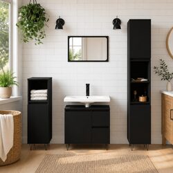 3 Piece Bathroom Furniture Set Black Engineered Wood Cabinet Sink Storage
