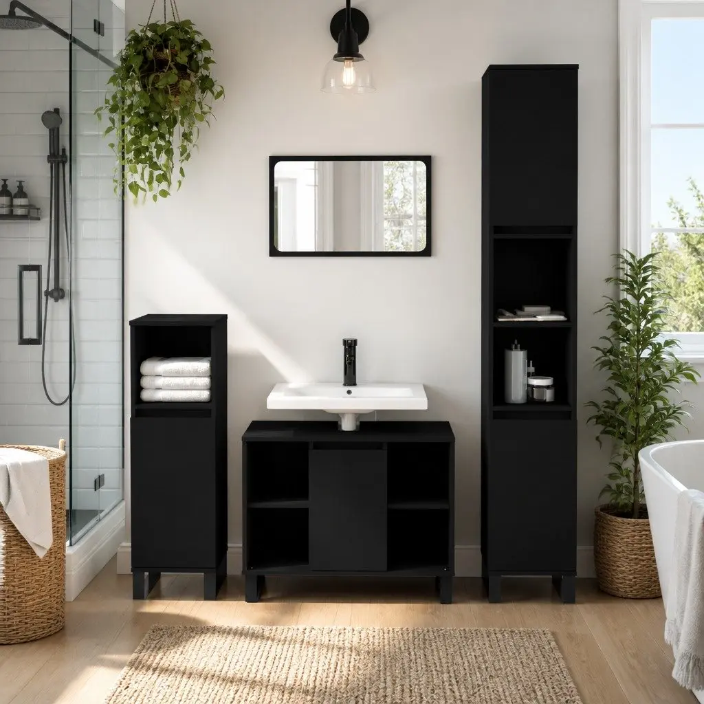 3 Piece Black Bathroom Set Engineered Wood Vanity Storage Cabinet with Iron Feet