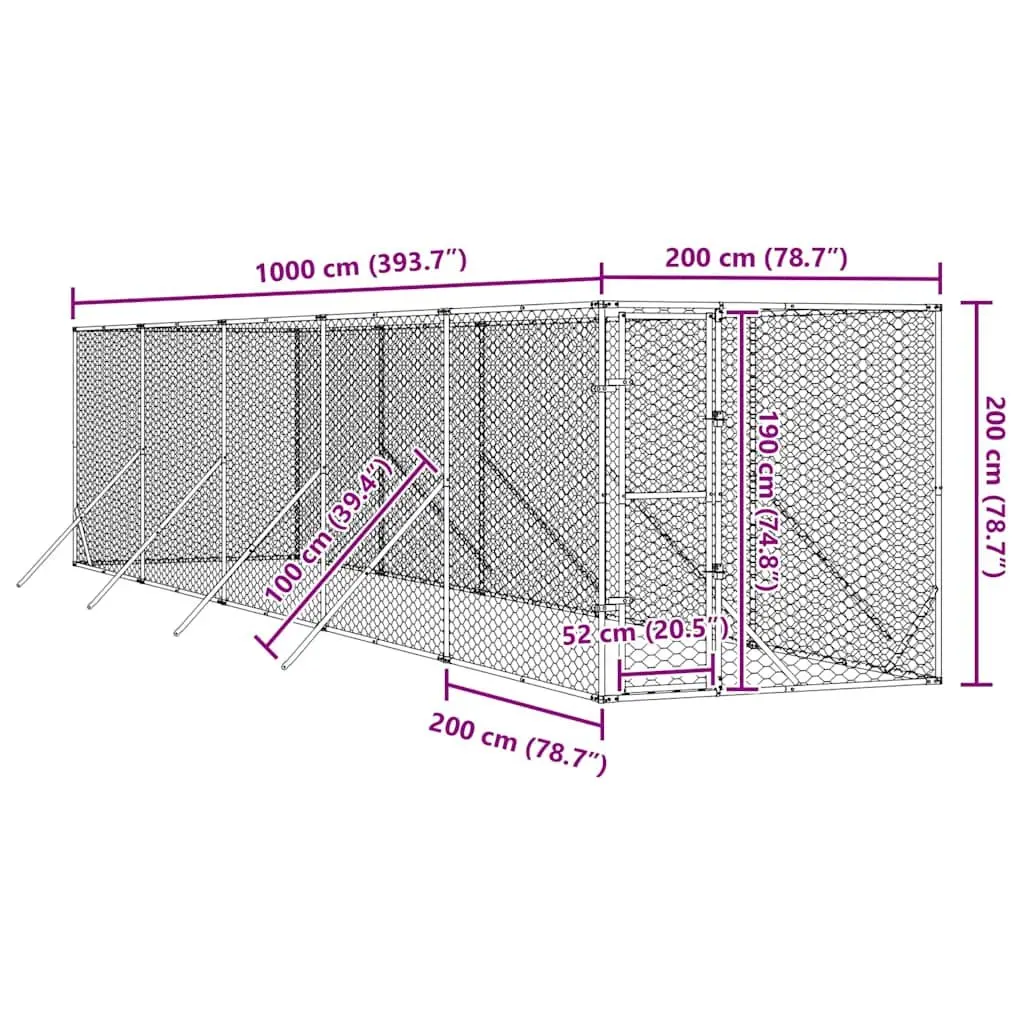 Dog Kennel Silver Galvanised Steel Spacious Outdoor Enclosure