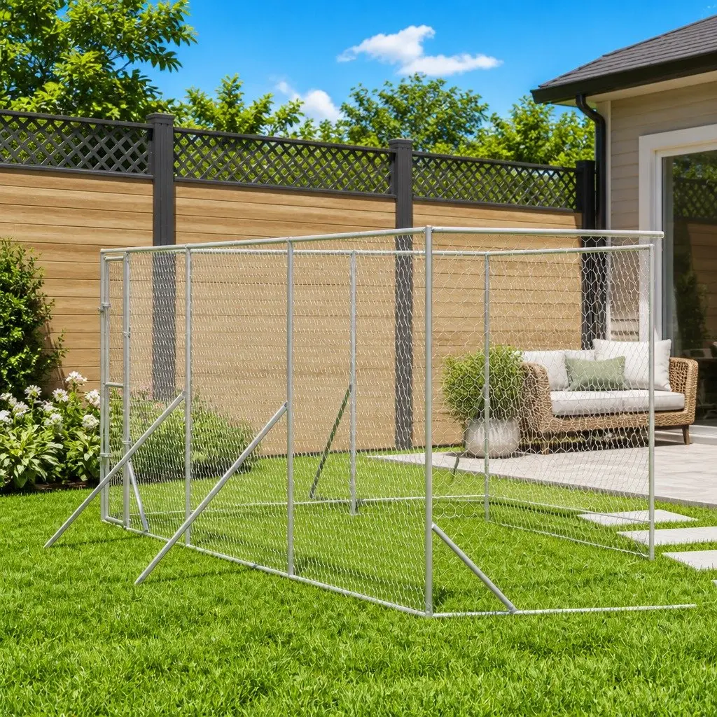 Outdoor Dog Kennel Silver 6x14x2m Galvanised Steel Lockable Run Enclosure