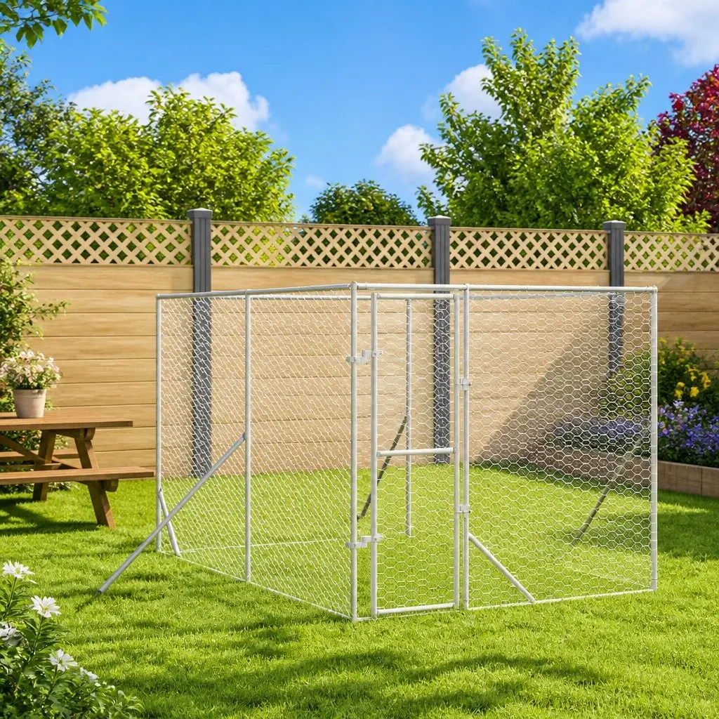 Dog Kennel Silver 8x4x2 m Galvanised Steel Spacious Lockable Enclosure