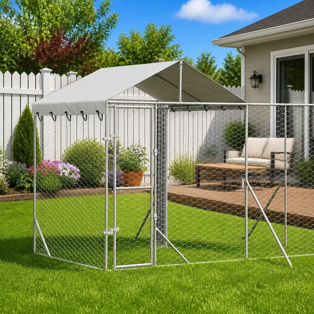 Outdoor Dog Kennel Silver 6x2x2.5m Galvanised Steel Enclosure with Roof