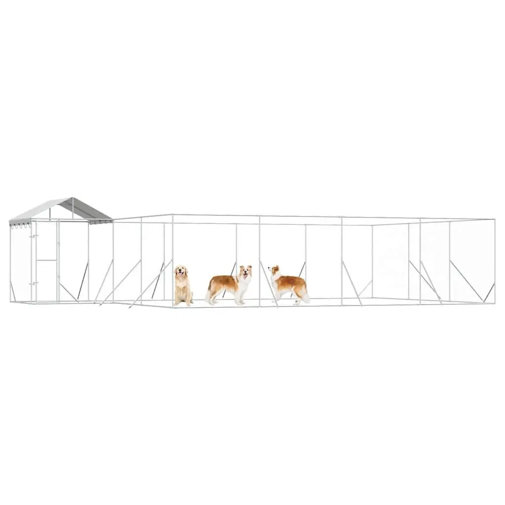 Dog Kennel Silver Galvanised Steel Outdoor Run Enclosure with Roof