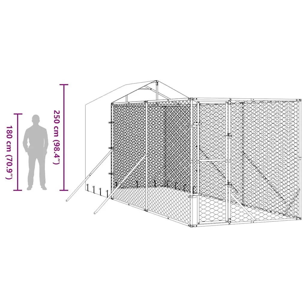 Outdoor Dog Kennel Silver 2x6x2.5m Galvanised Steel Cage Run Enclosure with Roof