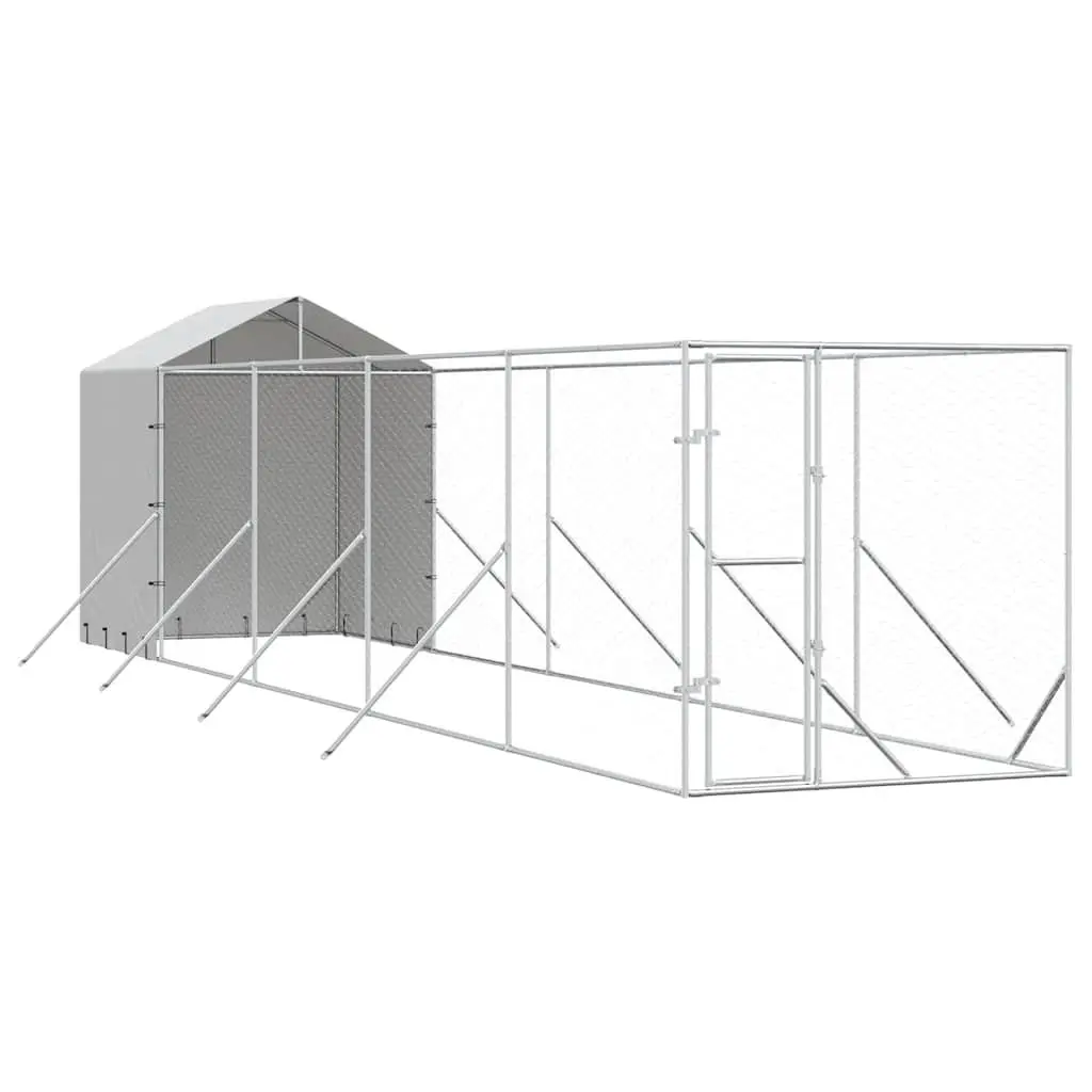 Outdoor Dog Kennel Silver Large Sturdy Galvanised Steel Weather Resistant Roof