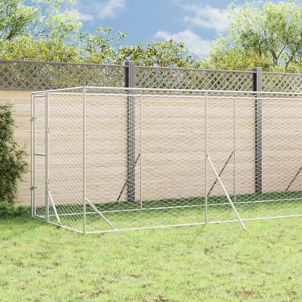 Outdoor Dog Kennel Silver Large Sturdy Galvanised Steel Weather Resistant Roof