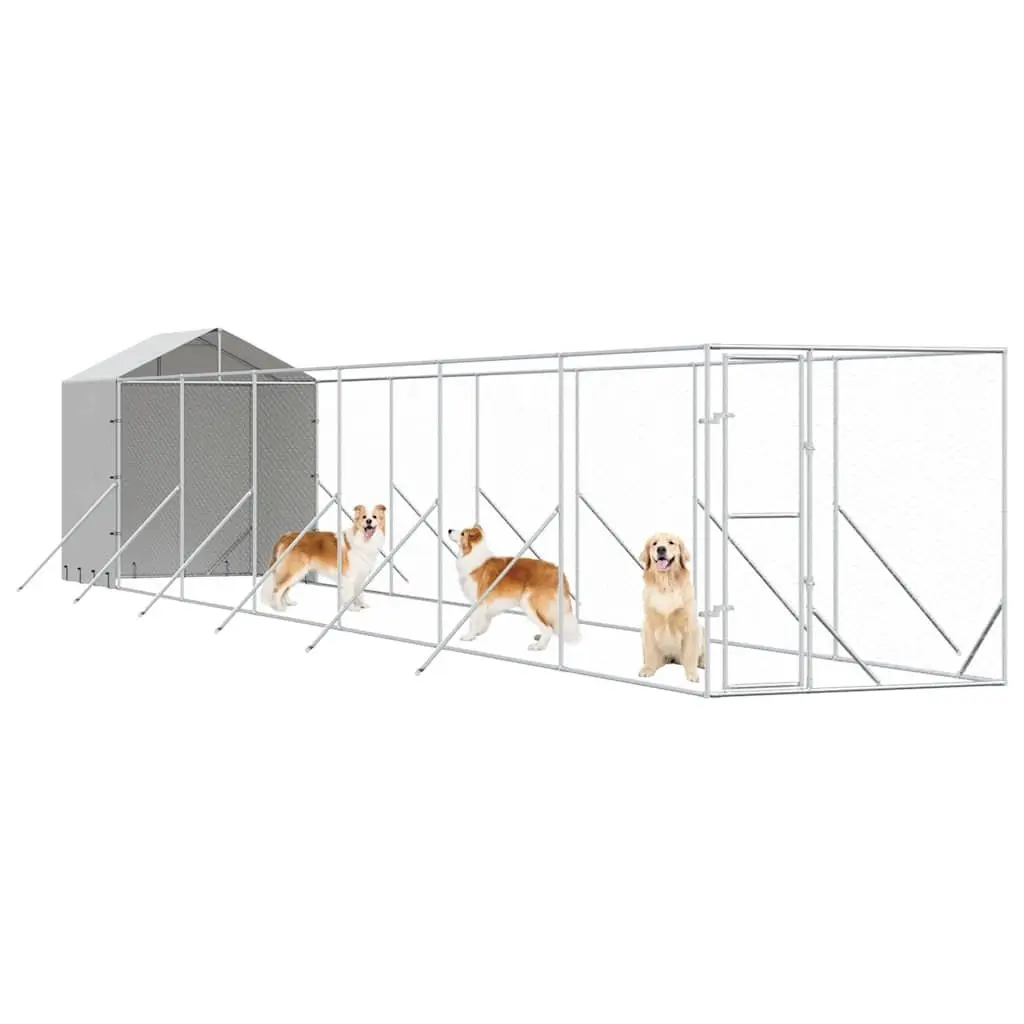 Dog Kennel Silver Galvanised Steel Spacious Run Enclosure with Roof