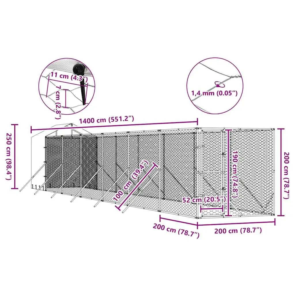 Dog Kennel Silver Galvanised Steel Spacious Run Enclosure with Roof