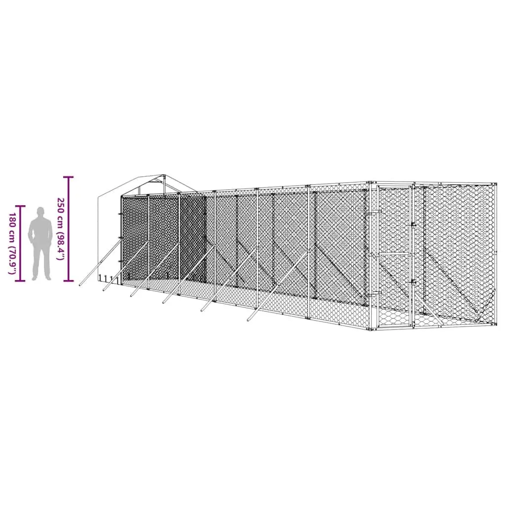 Dog Kennel Silver Galvanised Steel Spacious Run Enclosure with Roof