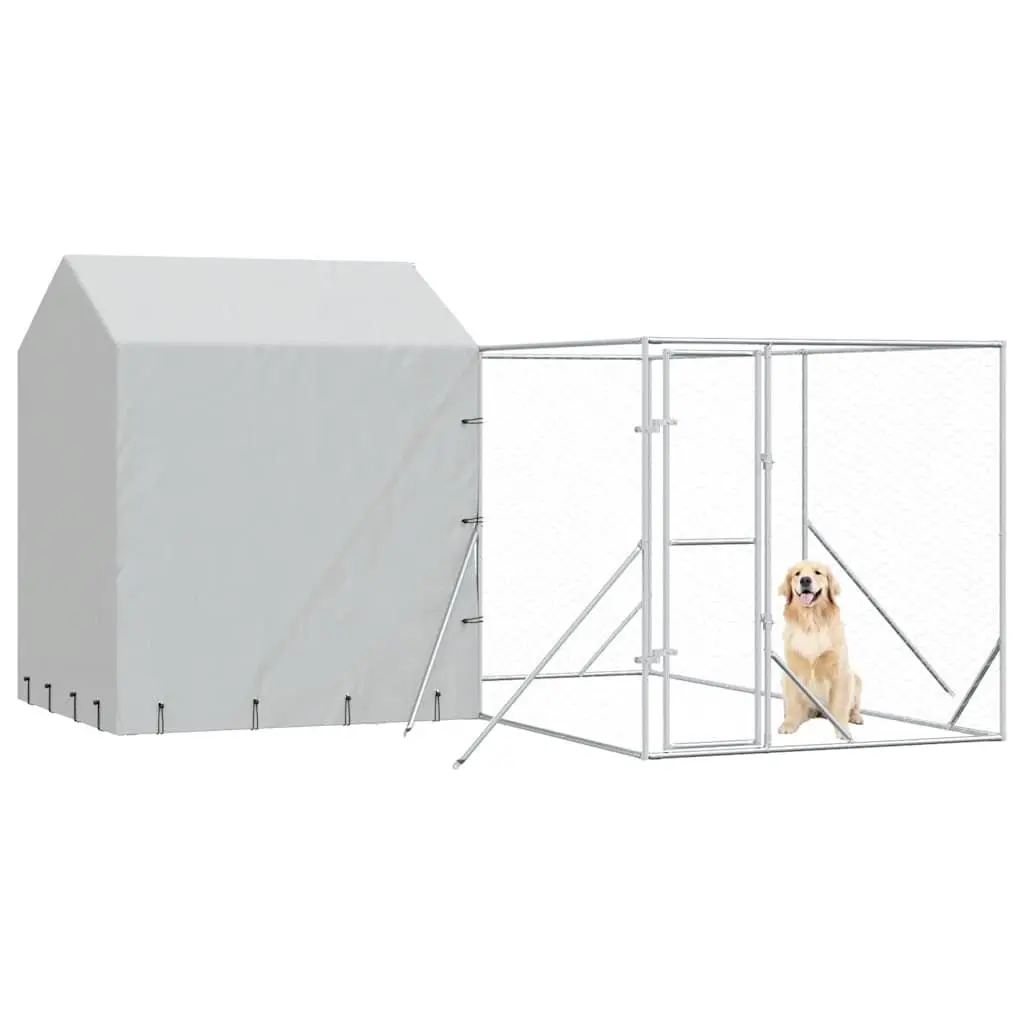 Outdoor Dog Kennel Silver 4x4x2.5m Heavy-duty Galvanised Steel Roofed Enclosure