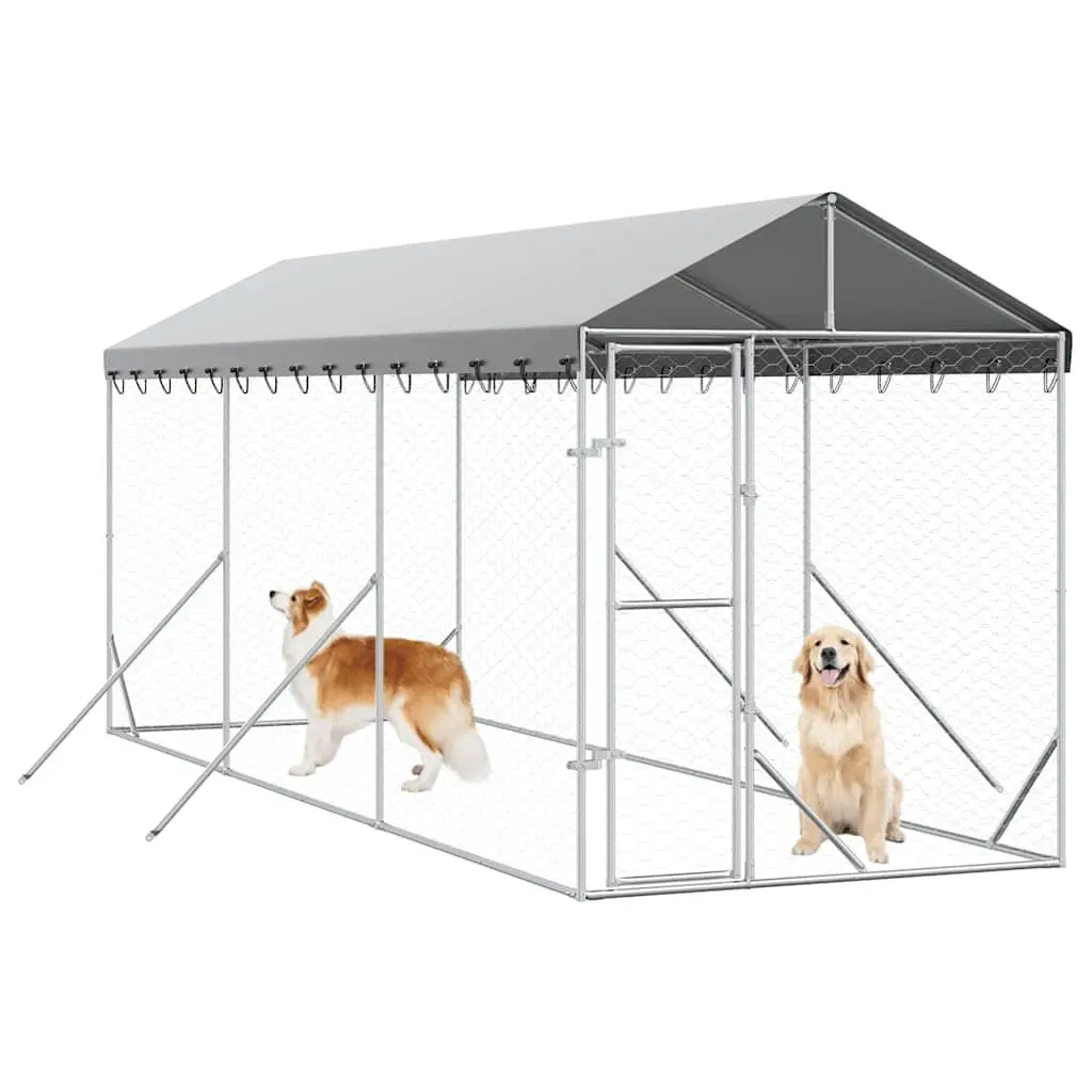 Dog Kennel Silver 2x6x2.5m Galvanised Steel Outdoor Enclosure with Roof