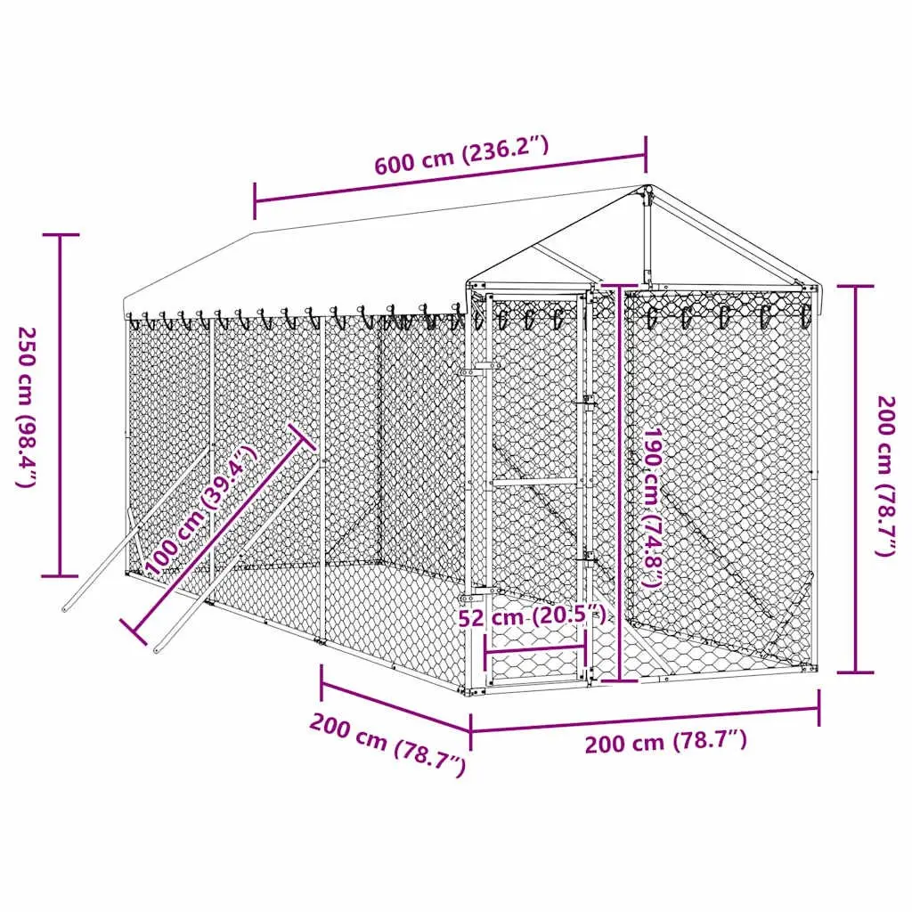 Dog Kennel Silver 2x6x2.5m Galvanised Steel Outdoor Enclosure with Roof