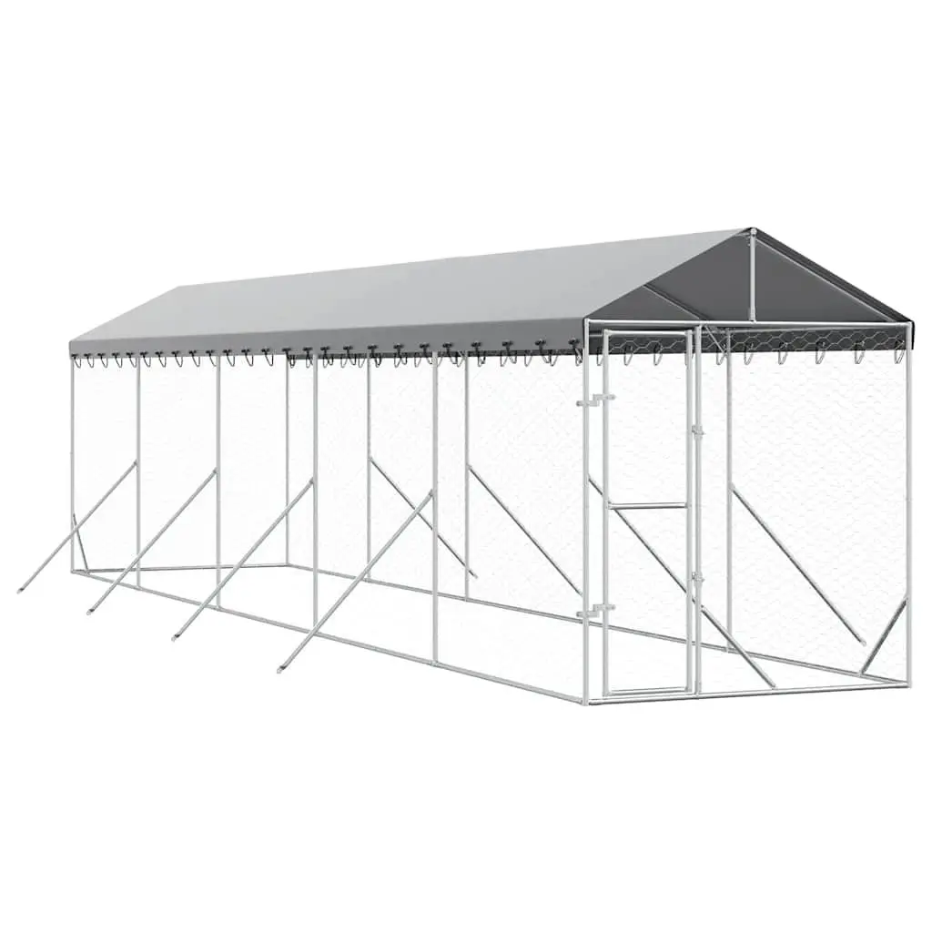 Outdoor Dog Kennel Silver Galvanised Steel Enclosure Spacious Run with Roof