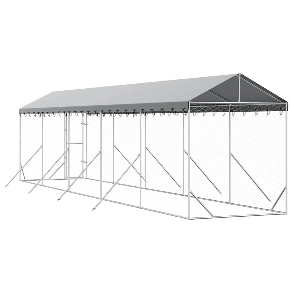 Outdoor Dog Kennel Silver Galvanised Steel Enclosure Spacious Run with Roof