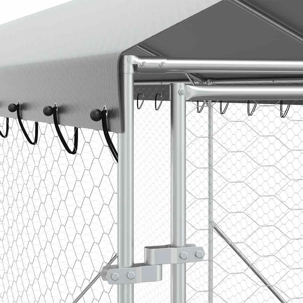 Outdoor Dog Kennel Silver Galvanised Steel Enclosure Spacious Run with Roof