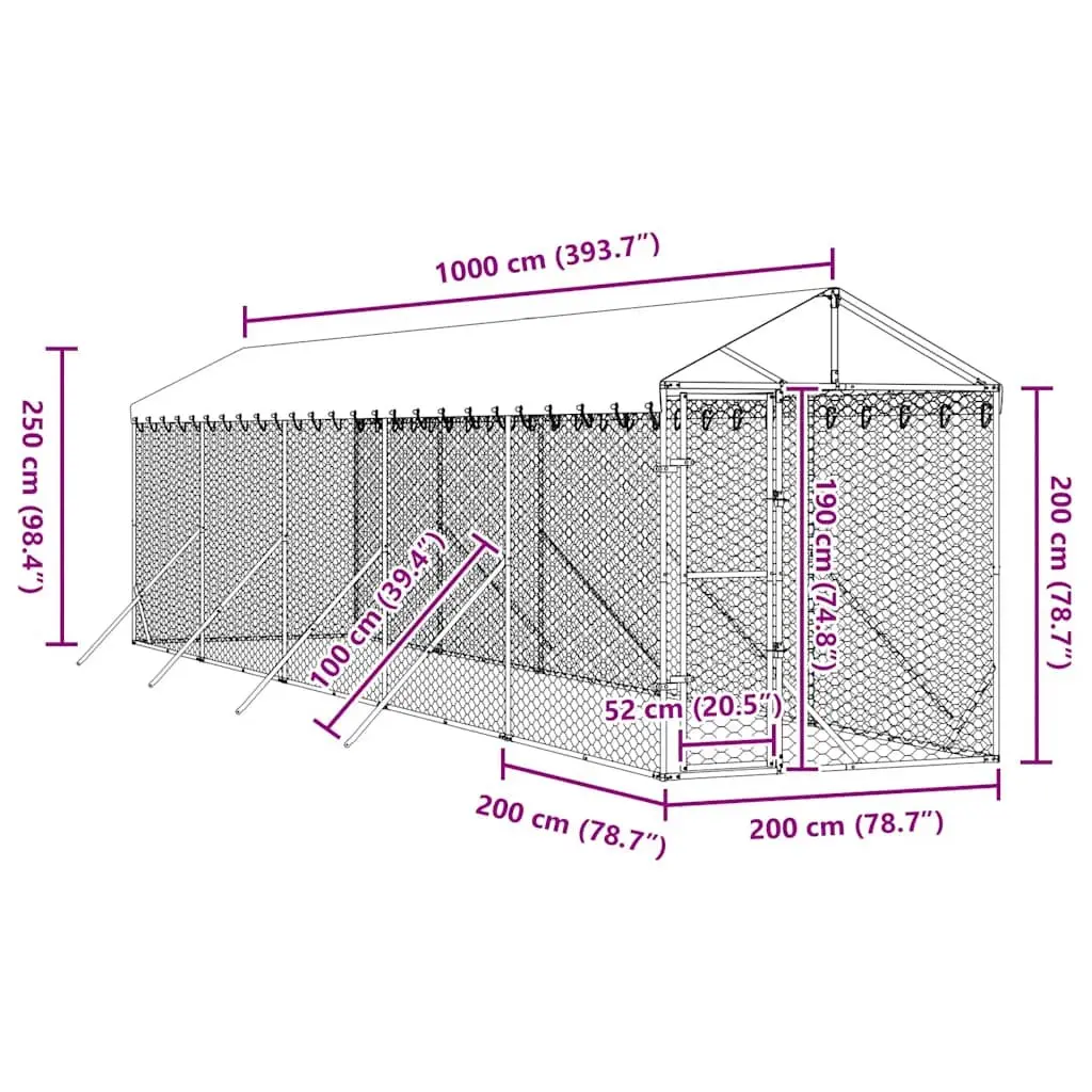 Outdoor Dog Kennel Silver Galvanised Steel Enclosure Spacious Run with Roof