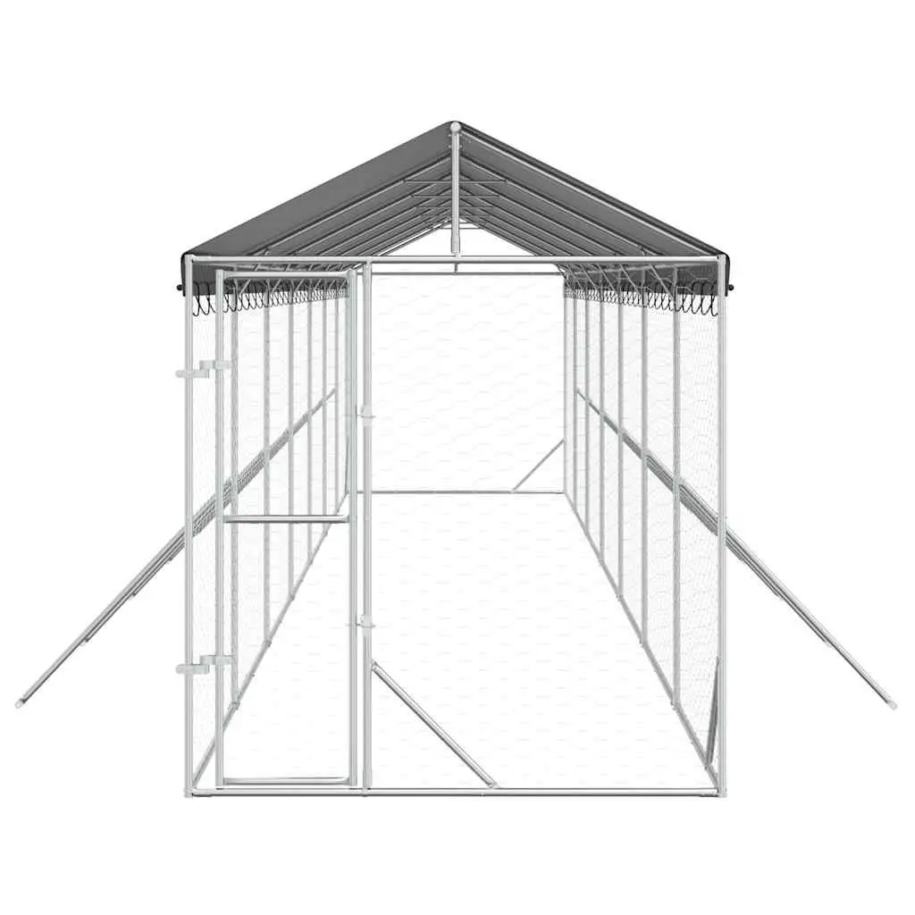 Dog Kennel Silver Large Outdoor Galvanised Steel with Roof Heavy-Duty Construction