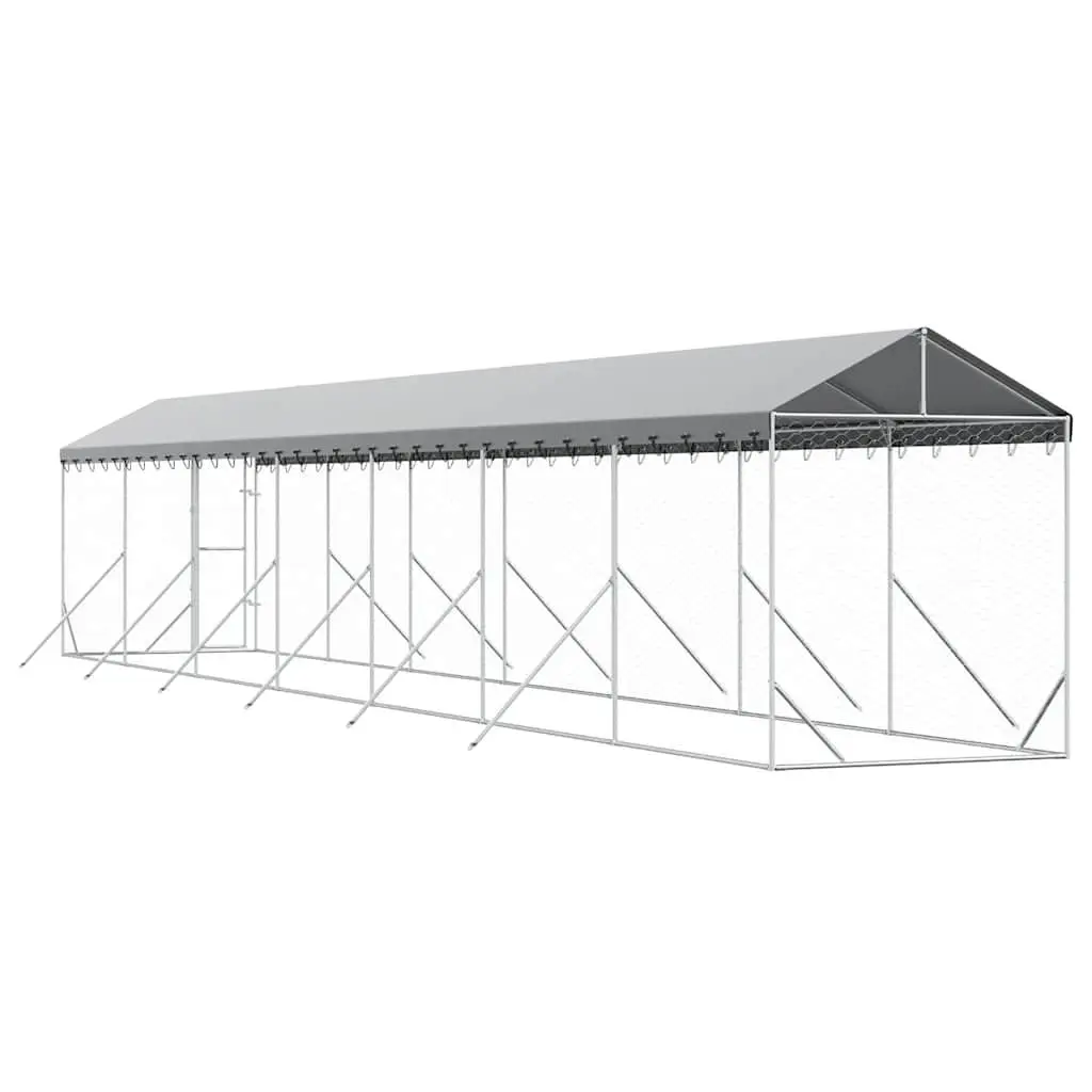 Dog Kennel Silver Large Outdoor Galvanised Steel with Roof Heavy-Duty Construction
