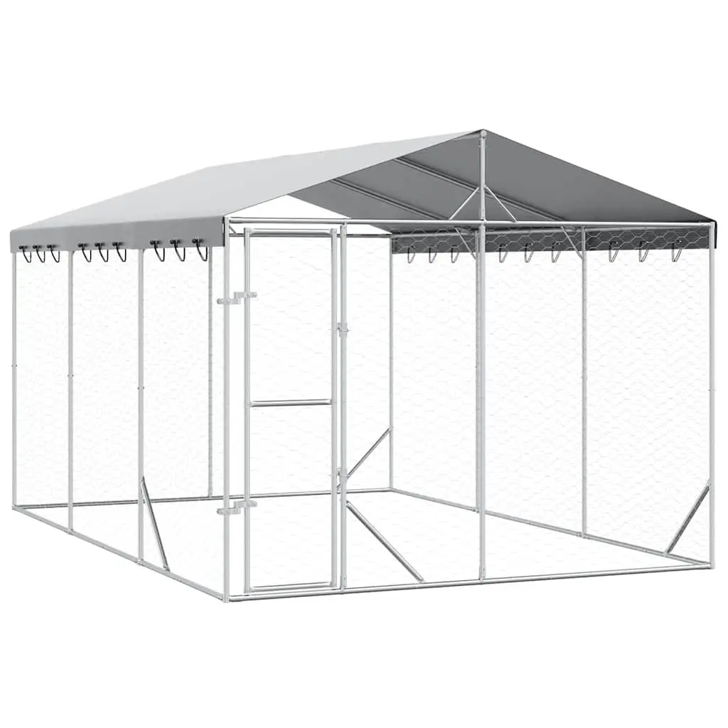 Dog Kennel Run Silver 3x4.5x2.5m Galvanised Steel Heavy-Duty Enclosure with Roof